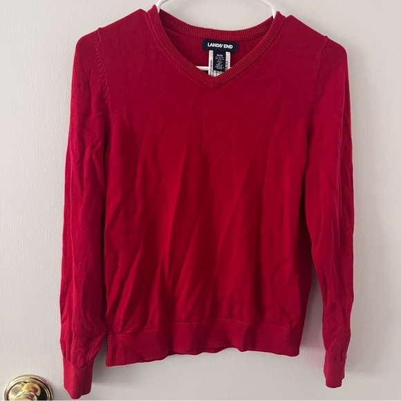 Lands End Girls 10-12 Medium Red V-Neck Knit Sweater OEKO-TEX - Picture 1 of 12